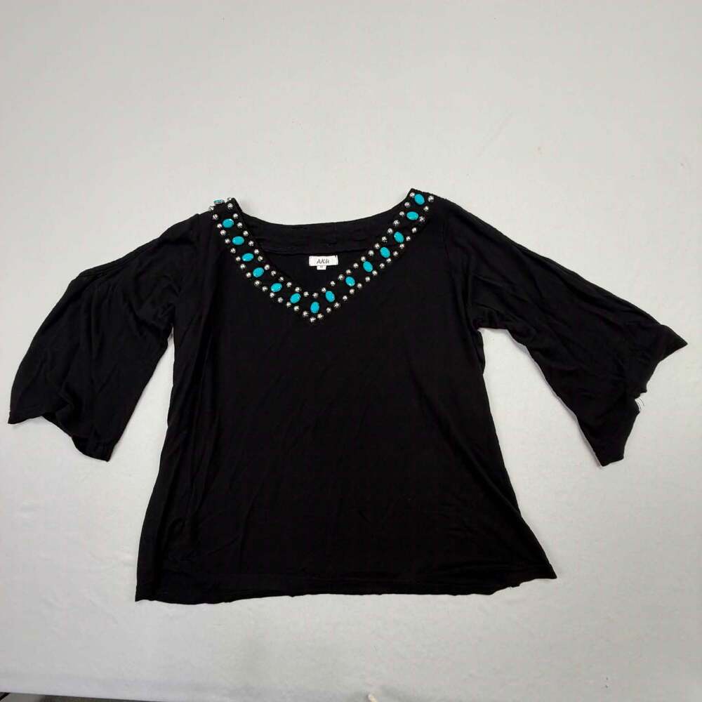 AKU Women's Black V-Neck Top with Turquoise Stone and Stud Embellished Trim